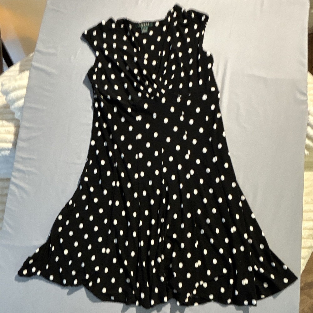 Lauren Ralph Lauren Black White Polka Dot V-Neck Faux Wrap Dress Size 10